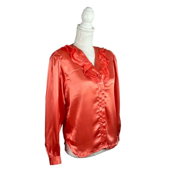 Vintage 90s Carry Black Petite Coral Satin Ruffle Neckline Long Sleeve Blouse - Picture 3 of 11